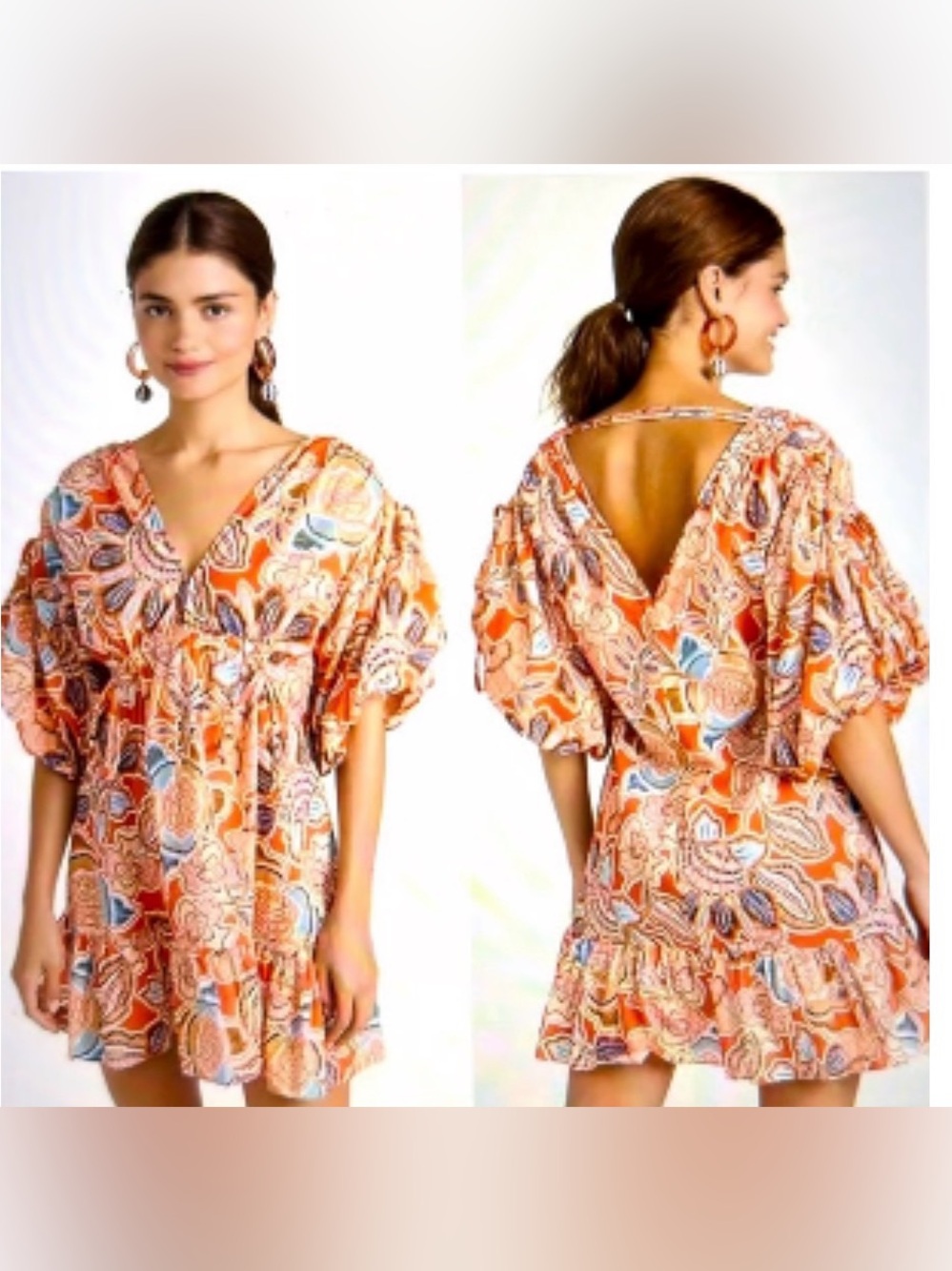 MISA Los Angeles Dress Mini Sari Floral Poplin Tangerine Orange Blue Small
